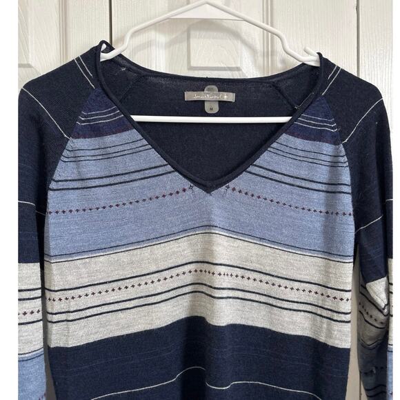 Smartwool Merino Wool Blend Blue Striped V-Neck Sweater Medium - Picture 4 of 10